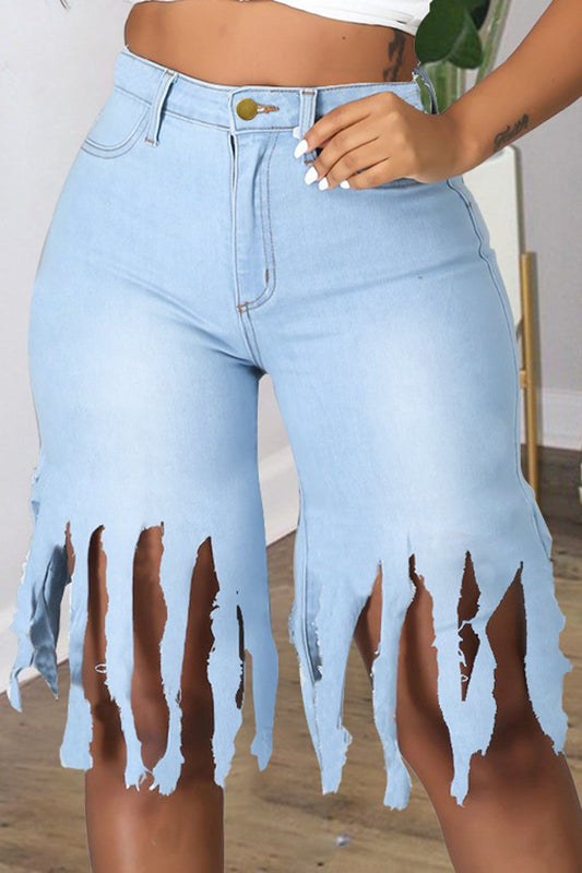 Plus Size Denim Tassel Hem Pocket Shorts