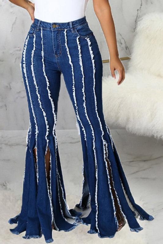 Plus Size Denim Tassel Hem Flared Jeans
