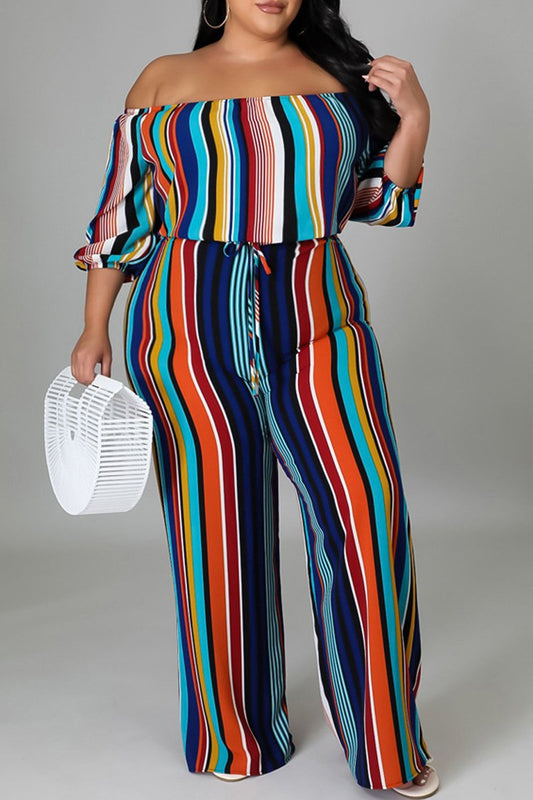 Plus Size Colorful Striped Off The Shoulder Jumpsuit