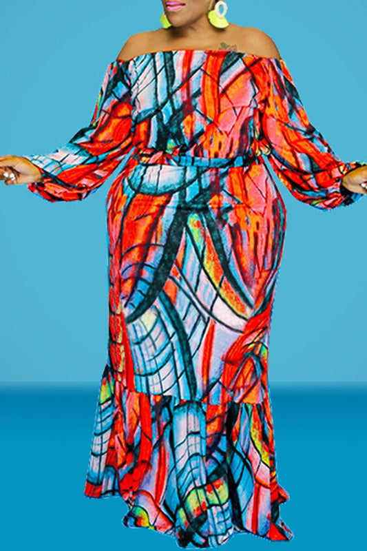 Plus Size Digital Print Puff Sleeve Two Piece Sets