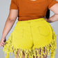 Plus Size Denim Tassel Hem Pocket Shorts