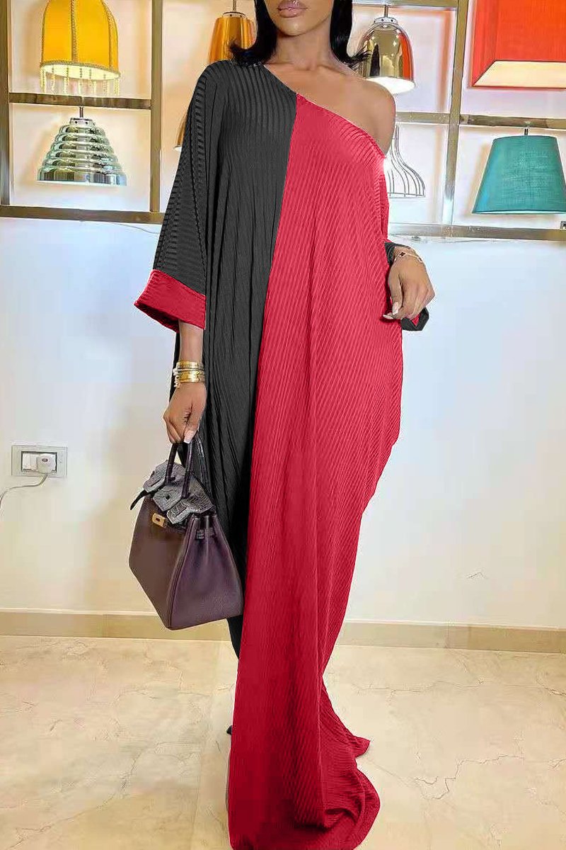 Plus Size Color Patchwork Skew Neck Maxi Dress