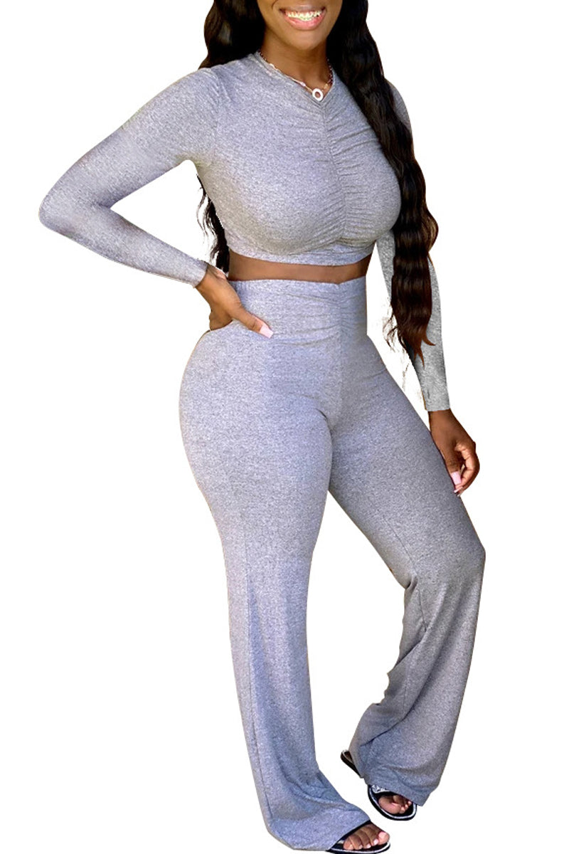 Pleated Solid Color Long Sleeve Two Piece Sets