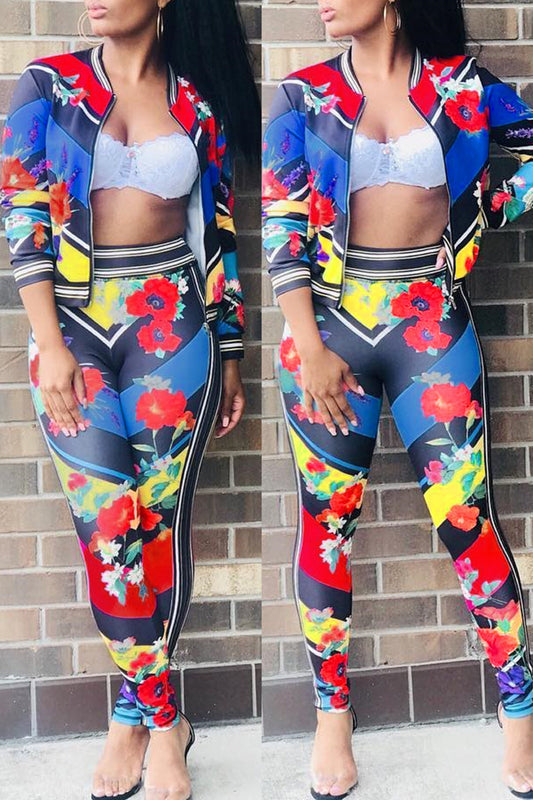 Plus Size Floral Rainbow Striped Zipper Up Two Piec Sets