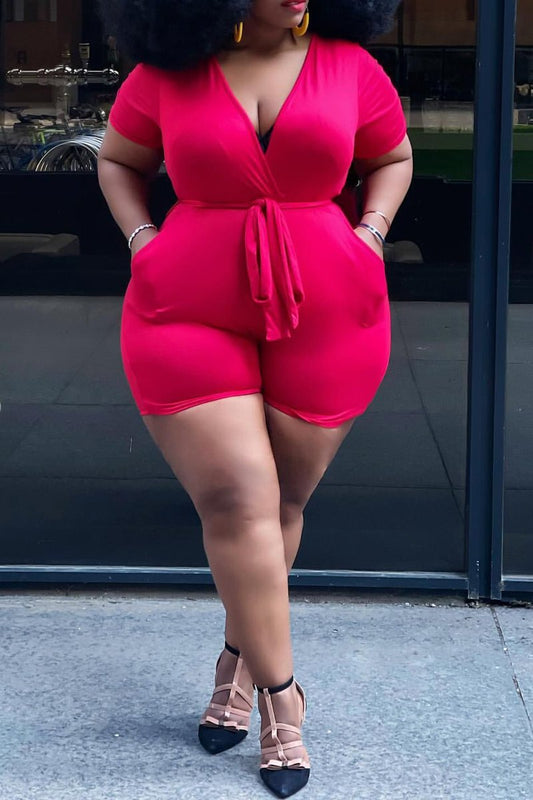 Plus Size Deep V-Neck Belted Solid Color Romper