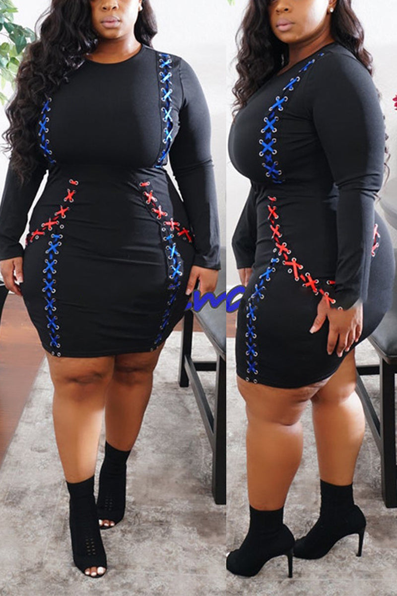 Plus Size Eyelet Detail Lace-up Midi Dress