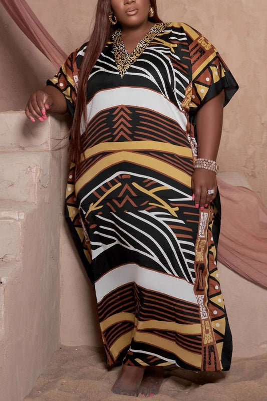 Plus Size Digital Print Puff Sleeve Maxi Dress