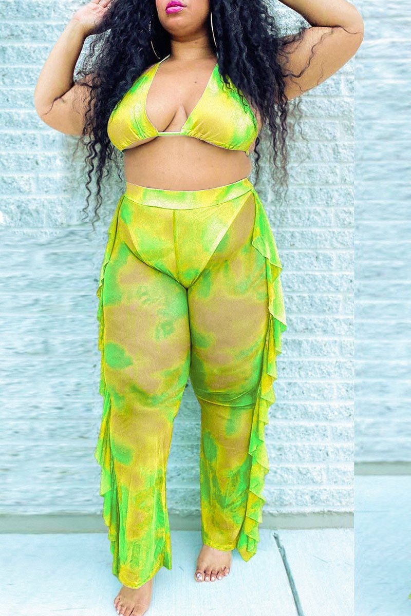Plus Size Flounced See-through Two Piece Swimsuit