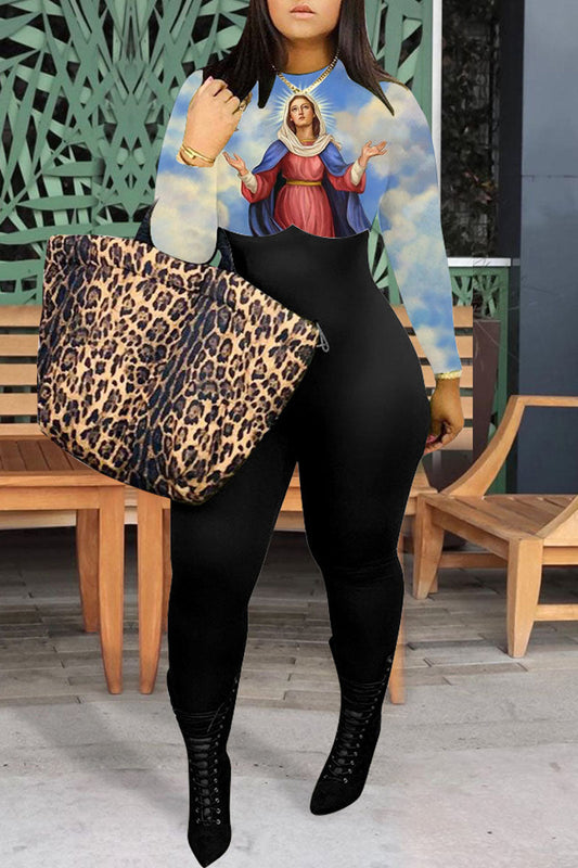 Plus Size Digital Print Patchwork Jumpsuit