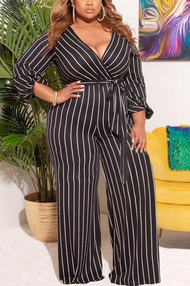 Plus Size Deep V Neck Belted Jumpsuit