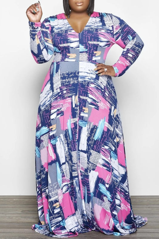 Plus Size Digital Print V Neck Maxi Dress