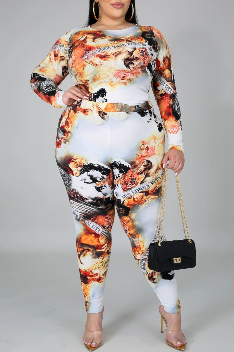 Plus Size Digital Print Long Sleeve Top & Pants