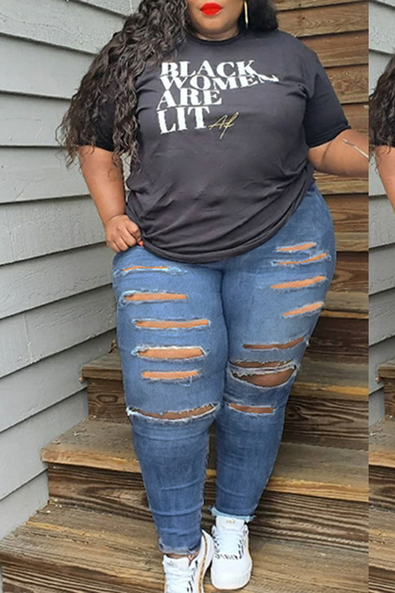 Plus Size Denim High-elastic Distressed Pants