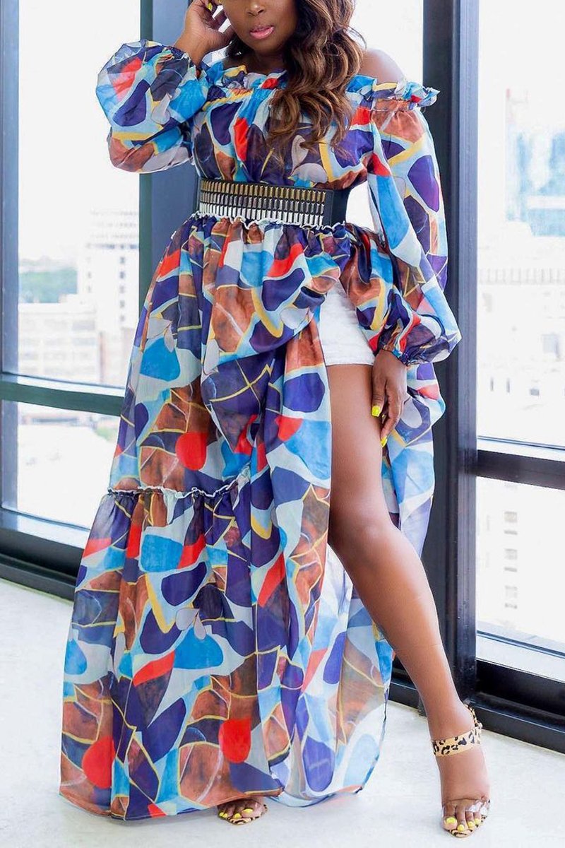 Plus Size Digital Print Off The Shoulder Dress