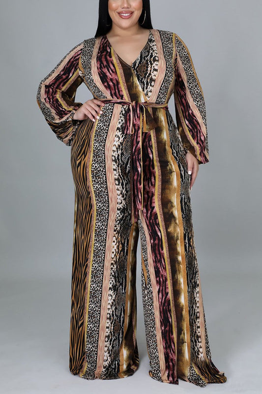 Plus Size Deep V Neck Print Belted Jumpsuit