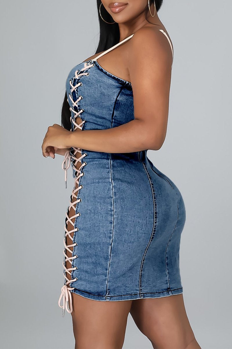 Plus Size Denim Eyelet Detail Bandage Dress