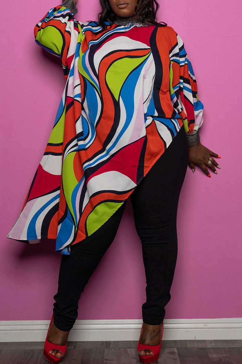 Plus Size Asymmetric Hem Print Top