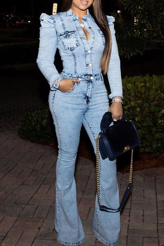Plus Size Denim Puff Sleeve Jumpsuit