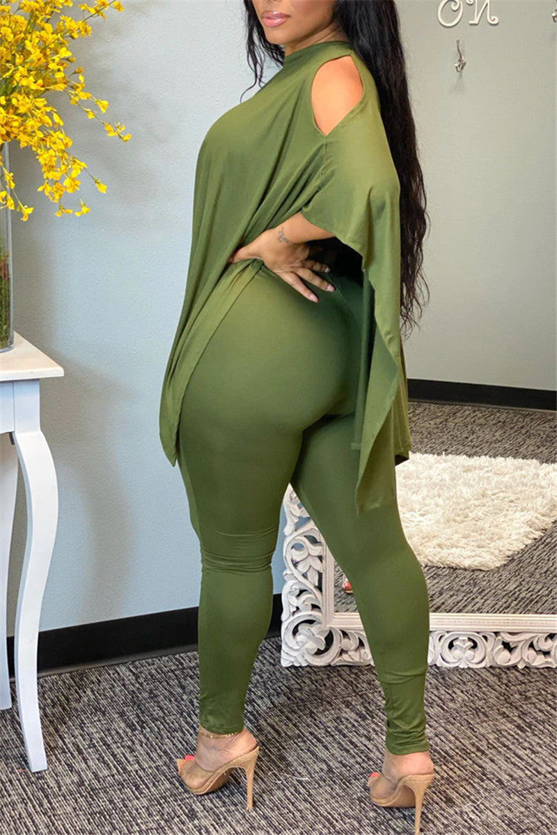 Plus Size Batwing Sleeve Solid Color Top & Pants