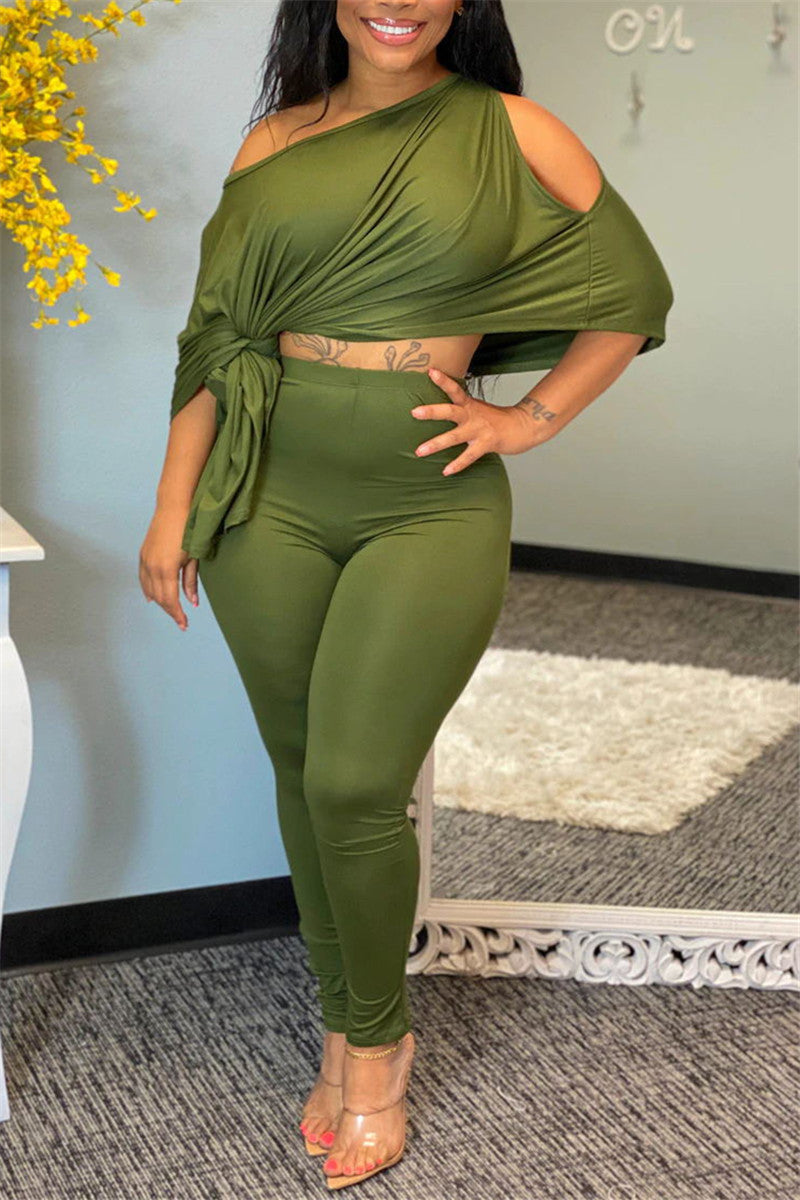 Plus Size Batwing Sleeve Solid Color Top & Pants