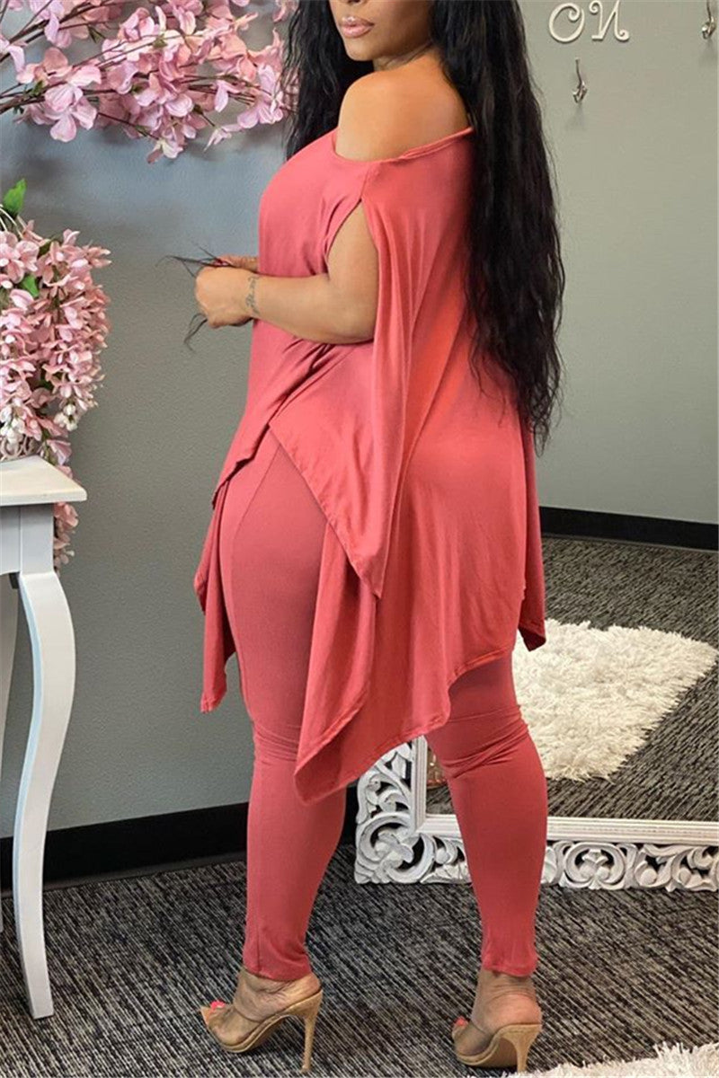 Plus Size Batwing Sleeve Solid Color Top & Pants