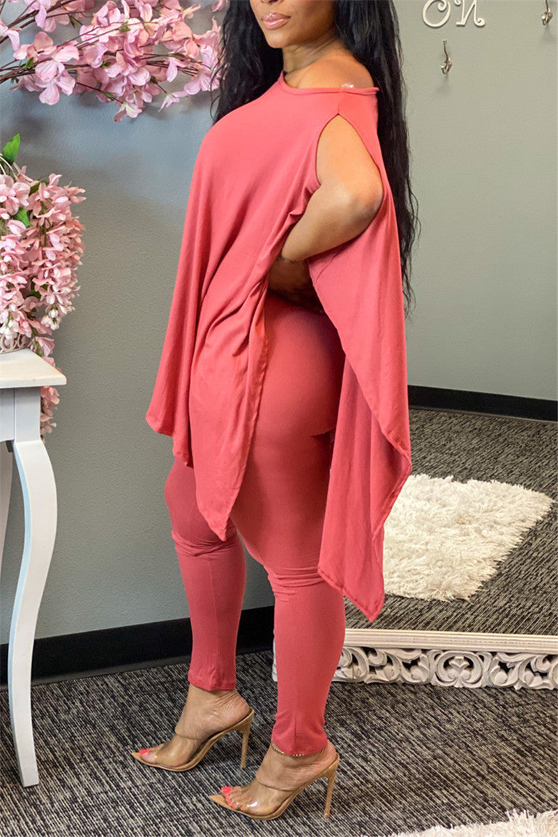 Plus Size Batwing Sleeve Solid Color Top & Pants