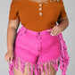 Plus Size Denim Tassel Hem Pocket Shorts