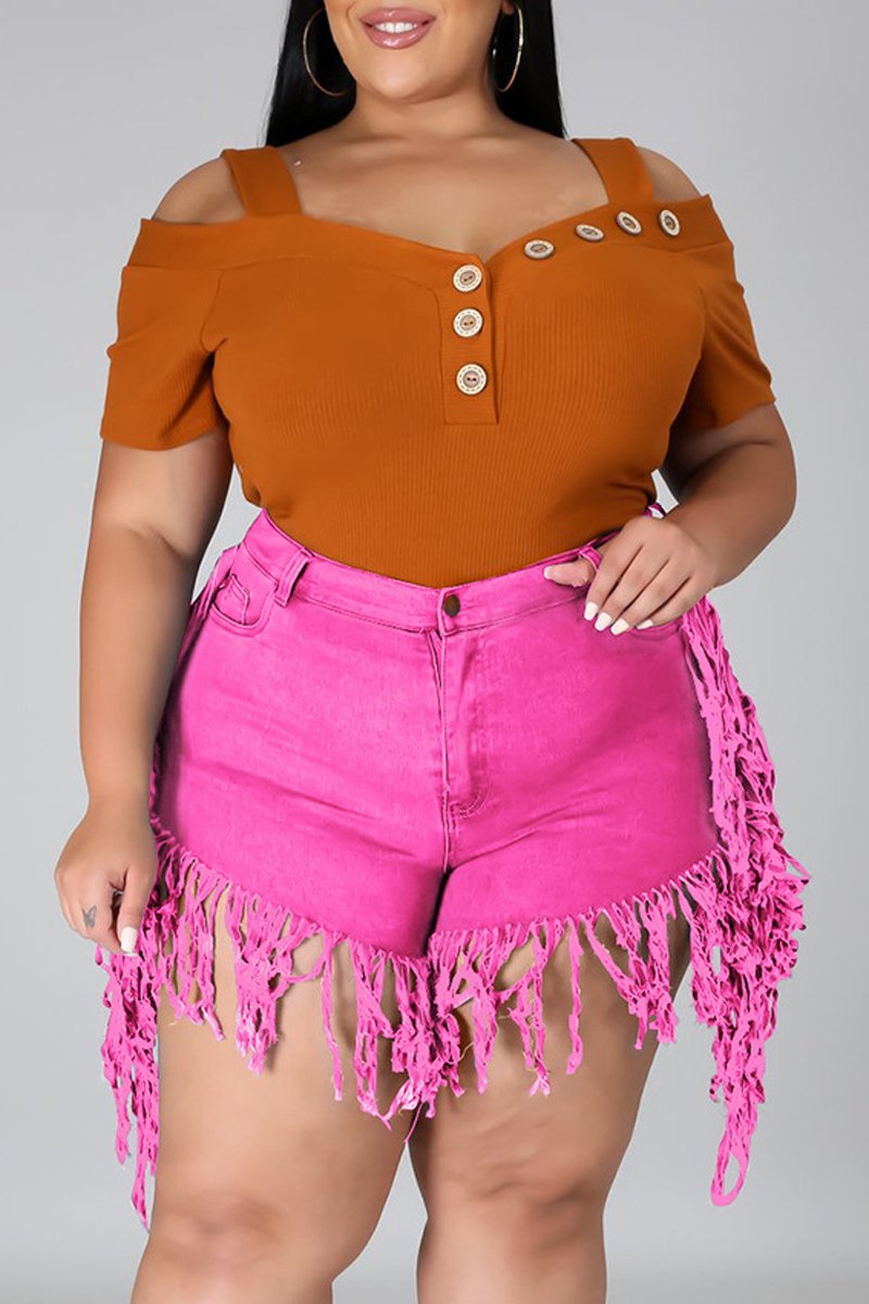 Plus Size Denim Tassel Hem Pocket Shorts