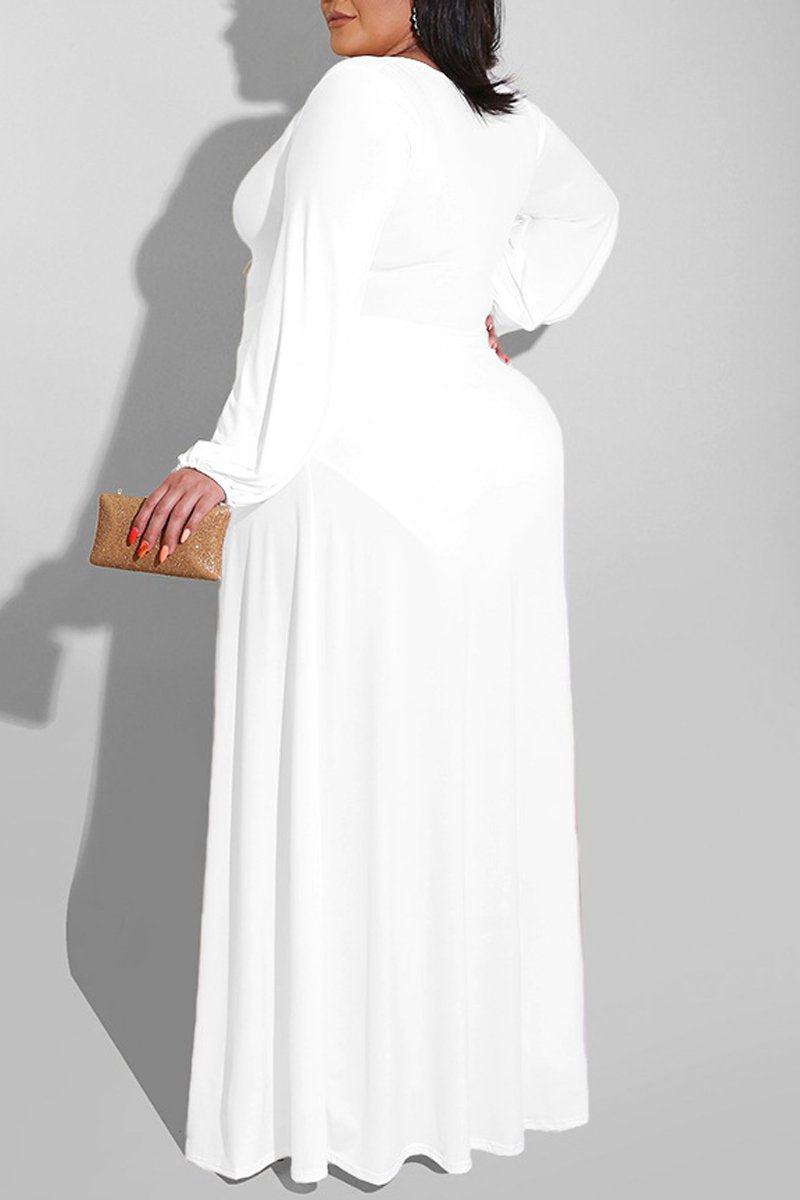 Plus Size Deep V-Neck Drawstring Slit Maxi Dress