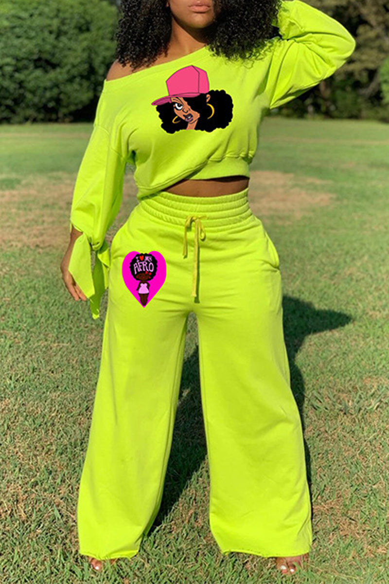 Plus Size Cartoon Print Drawstring Top & Pants