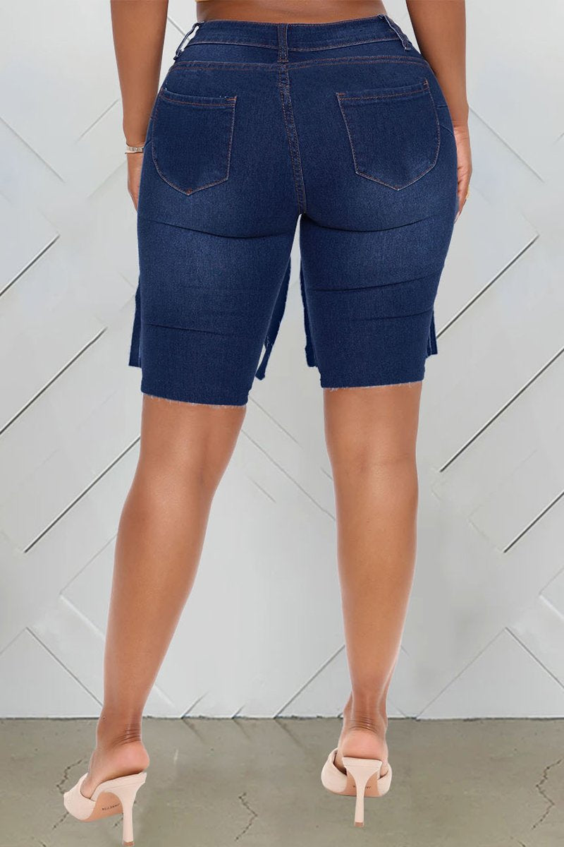 Plus Size Denim Hole Distressed Pocket Shorts