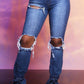Plus Size Denim Hole Distressed Strapped Flared Jeans