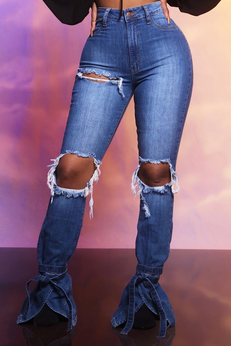 Plus Size Denim Hole Distressed Strapped Flared Jeans