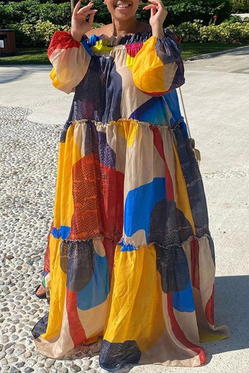 Plus Size Digital Print Off The Shoulder Dress