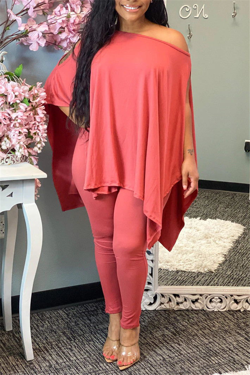 Plus Size Batwing Sleeve Solid Color Top & Pants