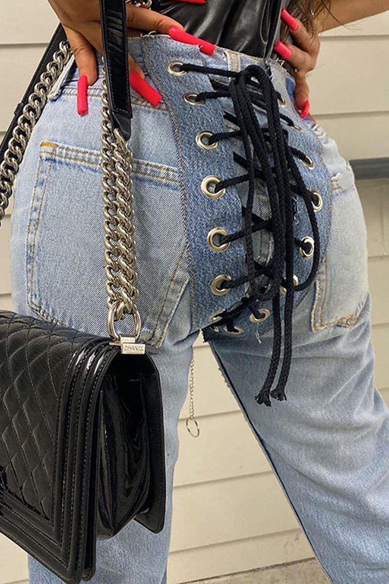 Plus Size Denim Pocket Tie Up Jeans