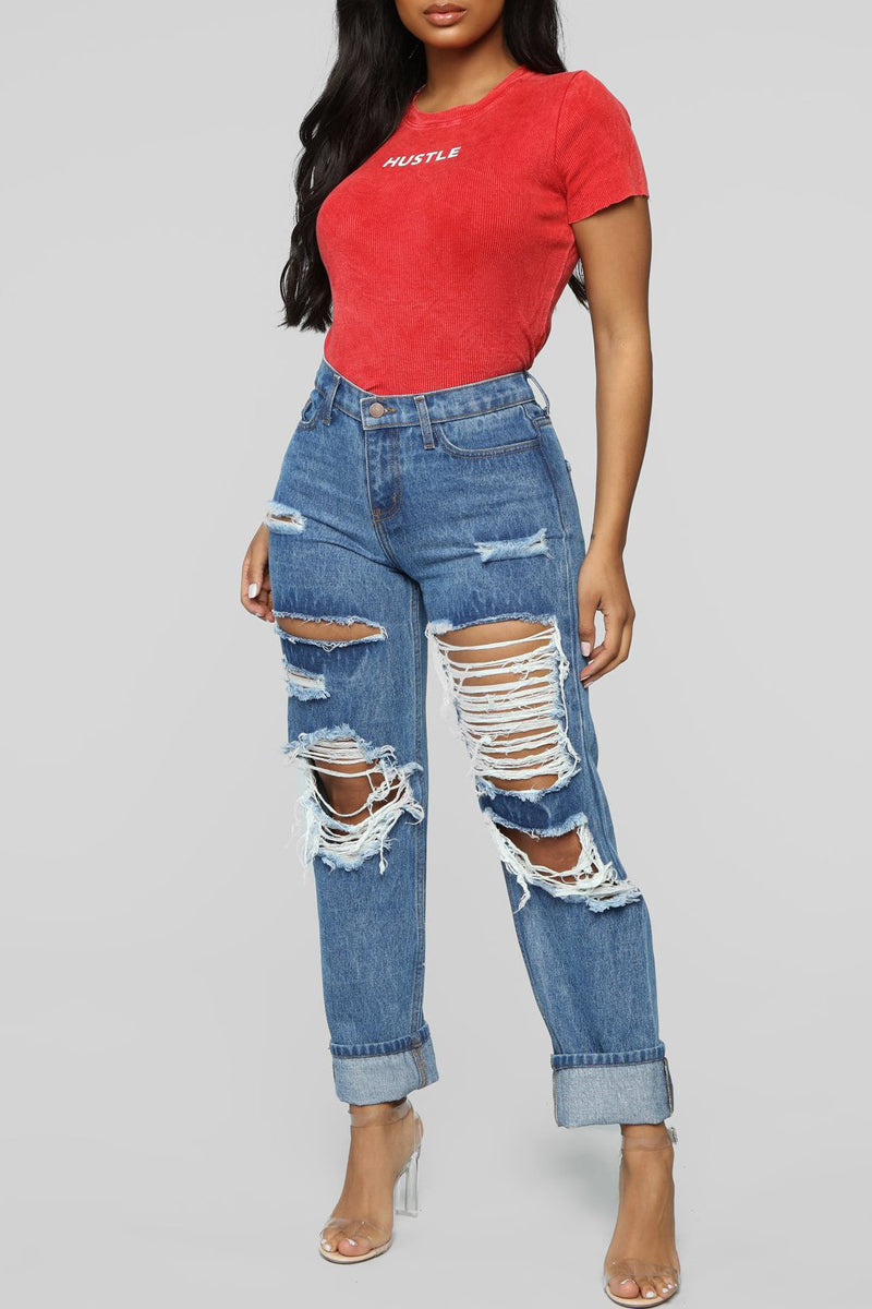 Plus Size Denim Hole Distressed Beading Jeans