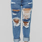 Plus Size Denim Hole Distressed Beading Jeans