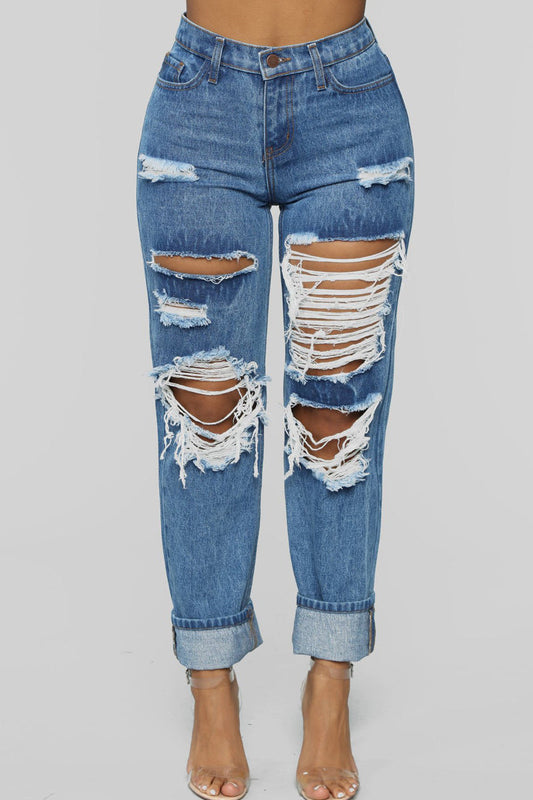 Plus Size Denim Hole Distressed Beading Jeans