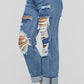 Plus Size Denim Hole Distressed Beading Jeans