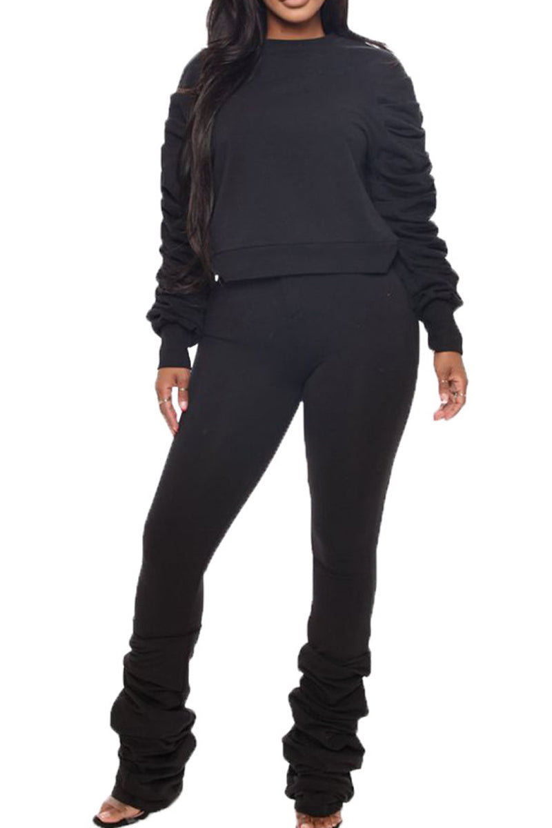 Pleated Long Sleeve Ruffle Two Piece Sets