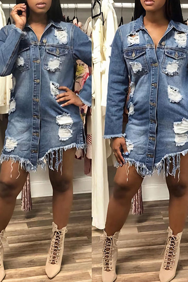 Plus Size Denim Hole Distressed Coat