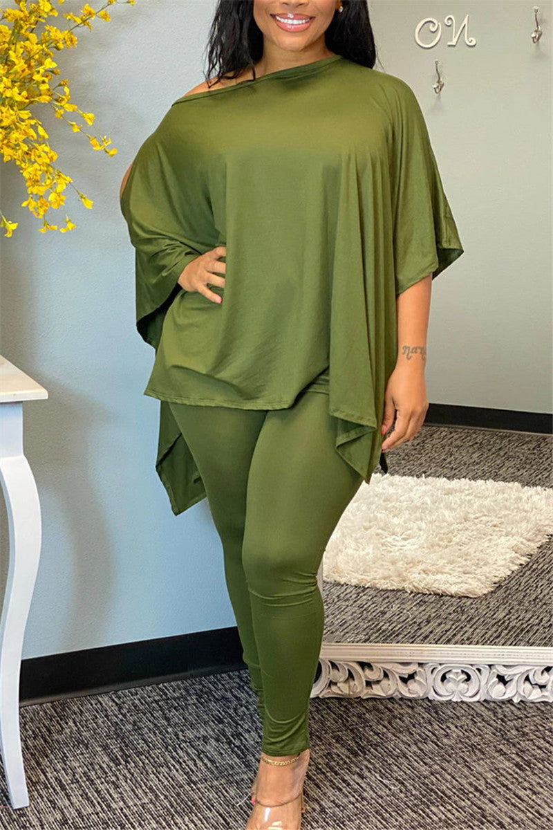 Plus Size Batwing Sleeve Solid Color Top & Pants