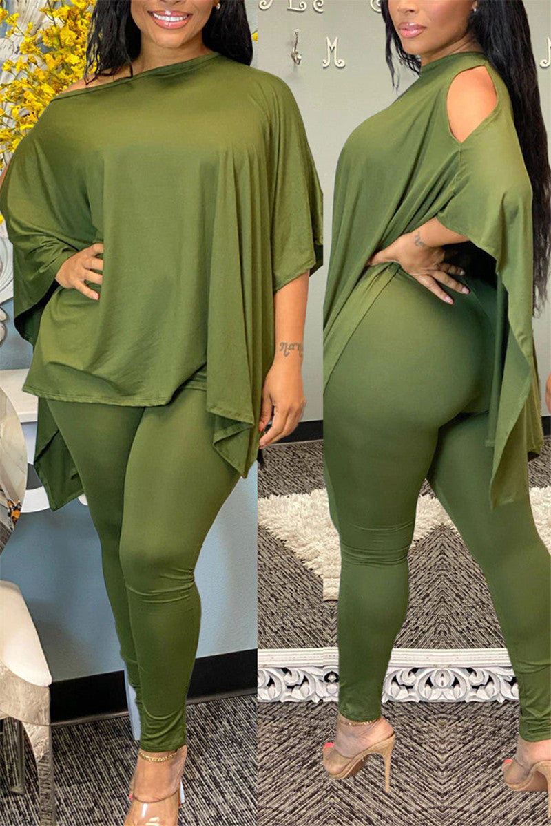 Plus Size Batwing Sleeve Solid Color Top & Pants