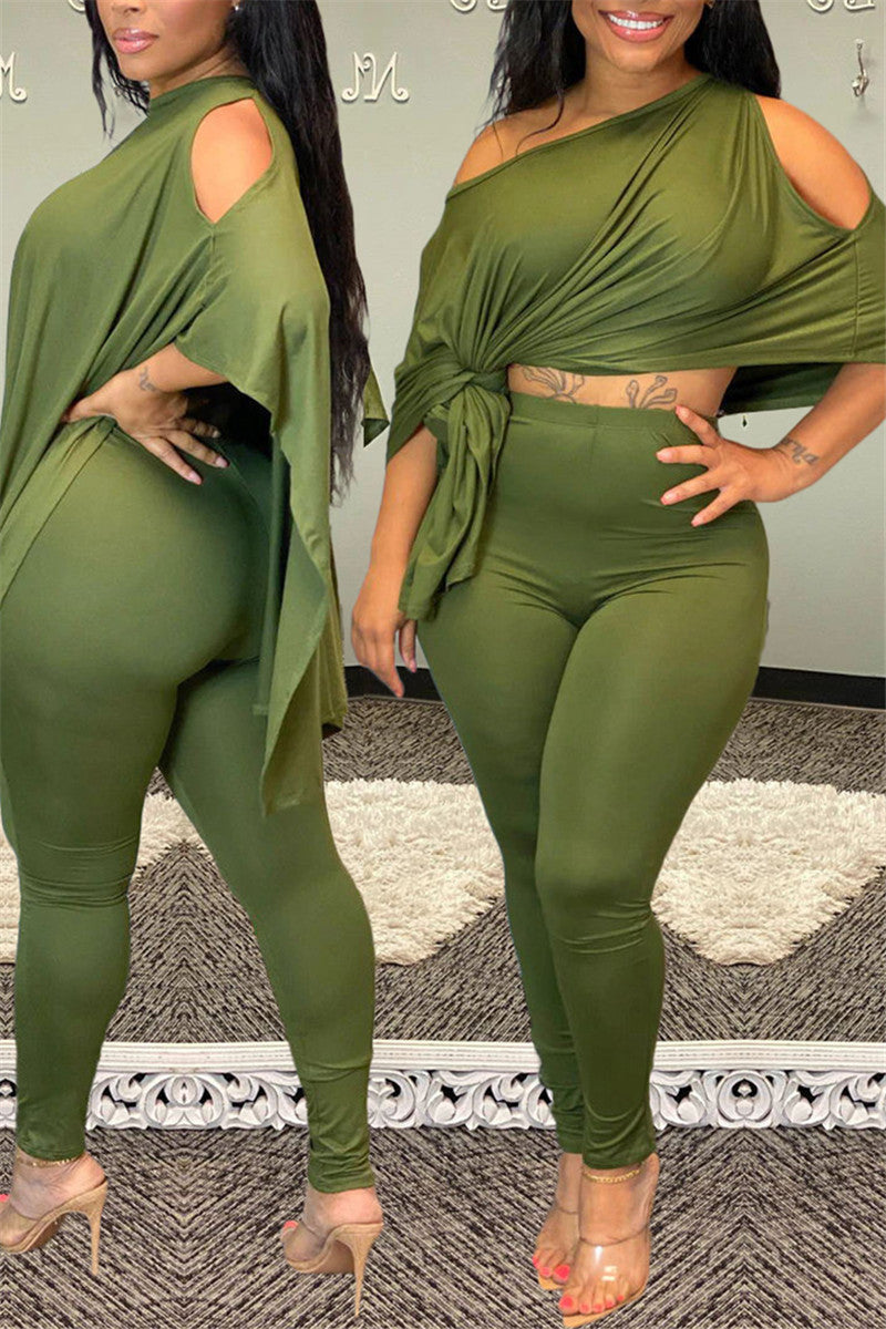 Plus Size Batwing Sleeve Solid Color Top & Pants