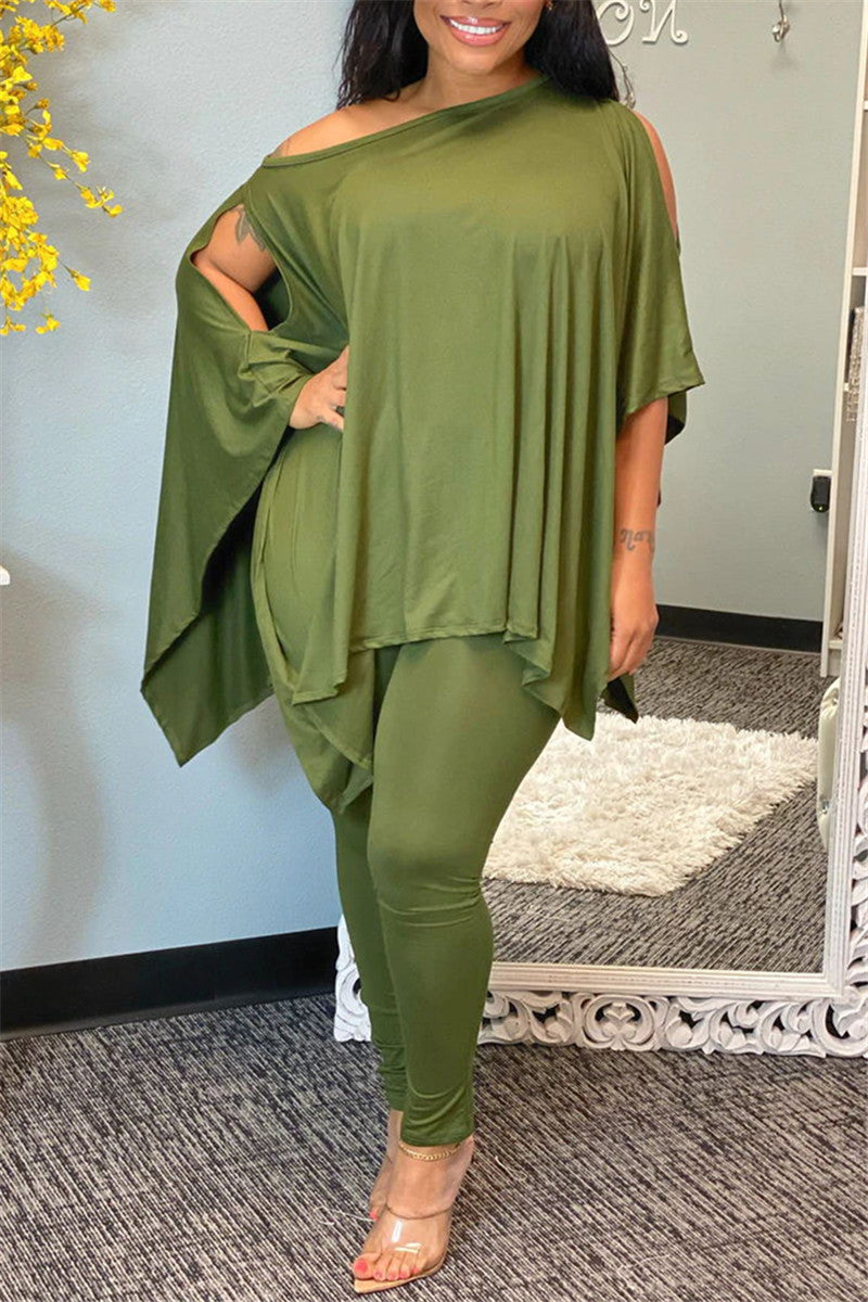 Plus Size Batwing Sleeve Solid Color Top & Pants