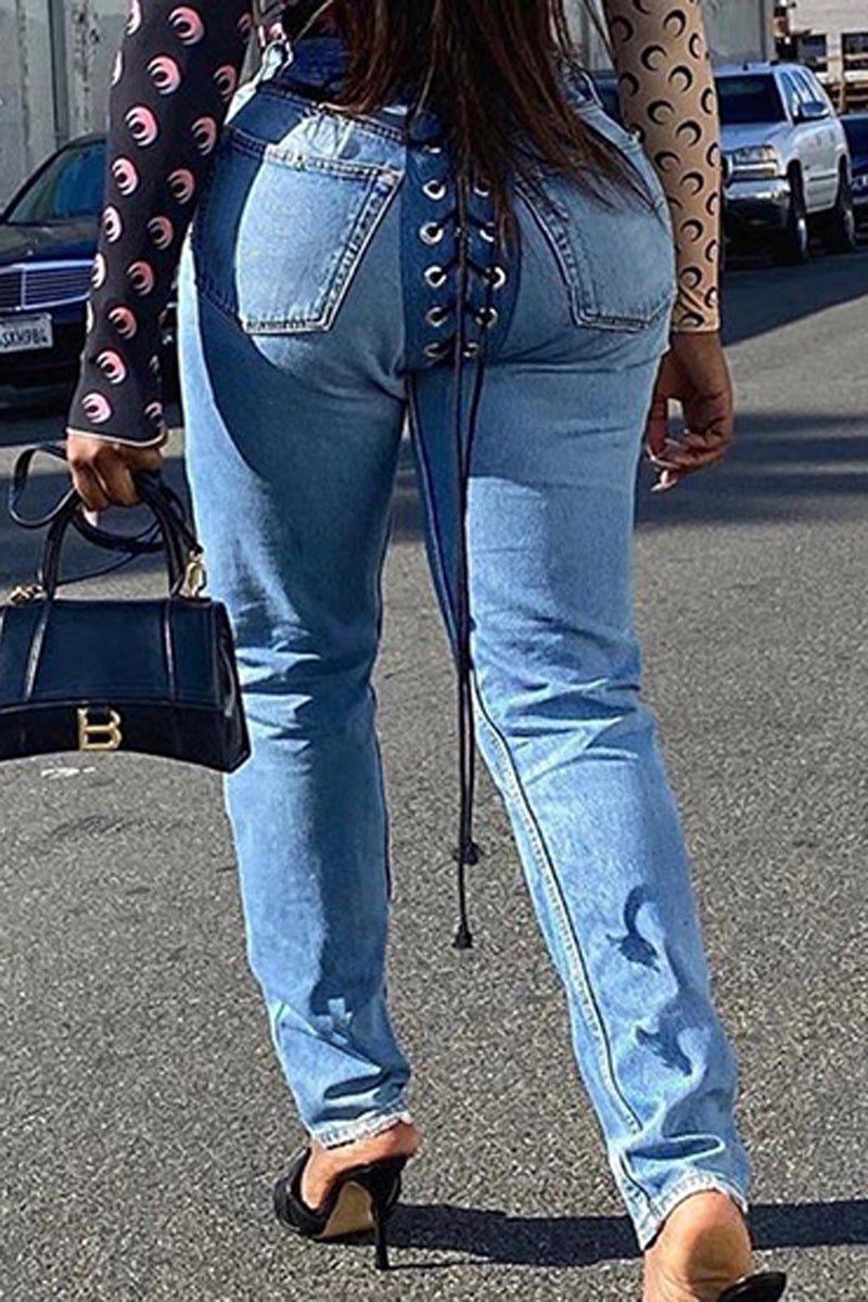 Plus Size Denim Pocket Tie Up Jeans