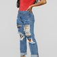 Plus Size Denim Hole Distressed Beading Jeans