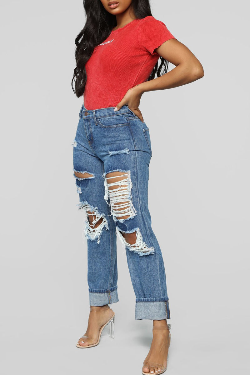 Plus Size Denim Hole Distressed Beading Jeans