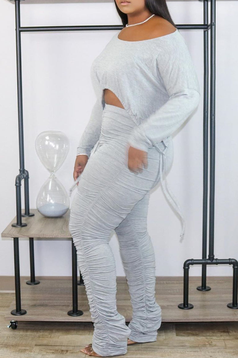 Pleated Side Drawstring Soid Color Top & Pants